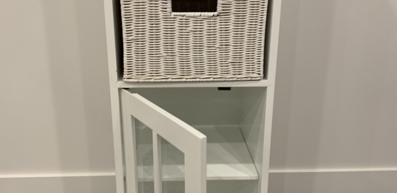 White, solid, shelving unit. Excellent condition